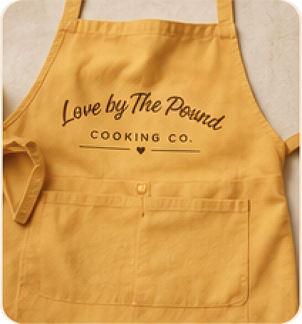 A golden apron embroidered with the Love by the Pound Cooking Co. logo.