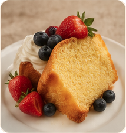 A slice of pound cake topped with whipped cream, strawberries, and blueberries.