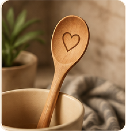 A wooden spoon carved with a heart, resting against a ceramic bowl.