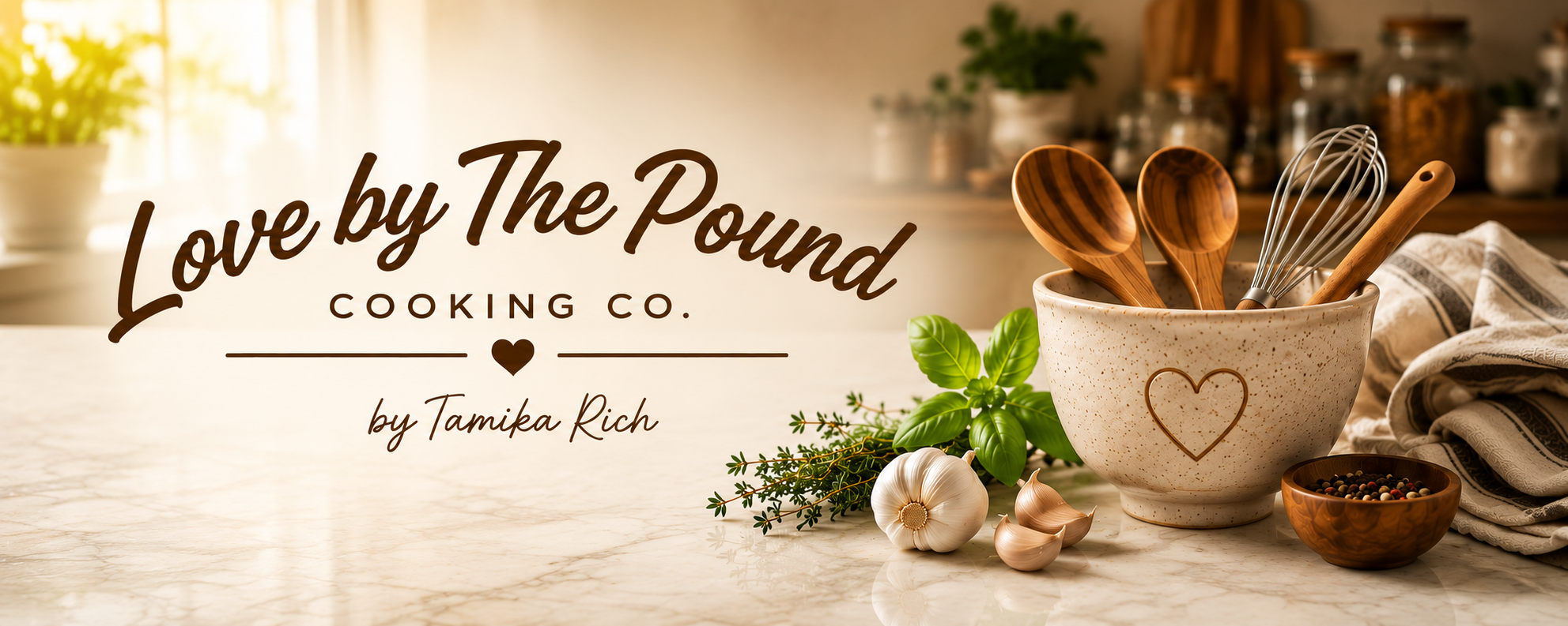 Love by the Pound Cooking Co. by Tamika Rich. A sunlit kitchen counter with a heart-embossed bowl holding wooden spoons and a whisk, beside fresh basil, thyme, and garlic.