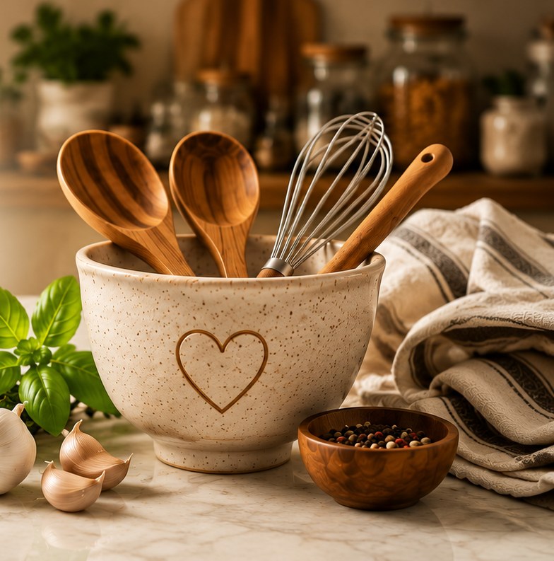 A warm home kitchen with a heart-embossed mixing bowl of wooden spoons and a whisk, fresh basil and thyme, and garlic on a marble counter.